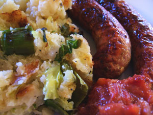 Sausages with bubble and squeak