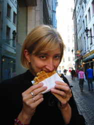 Me eating a Belgian waffle
